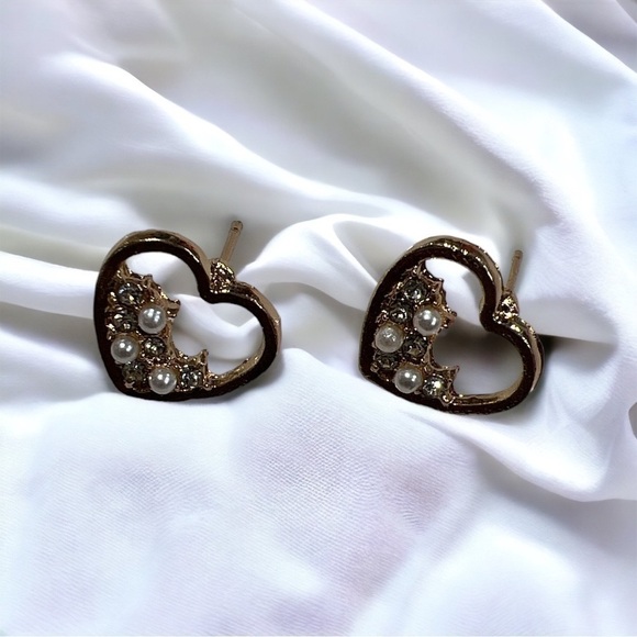 Romantic Hollow Heart CZ and Pearl Stud Earrings - Picture 1 of 5